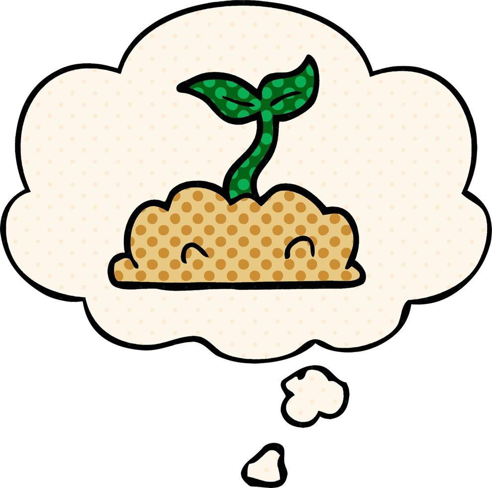 cartoon growing seedling and thought bubble in comic book style vector