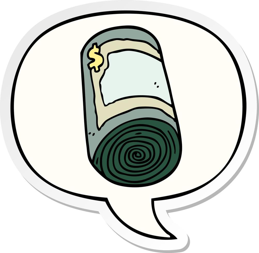 cartoon roll of money and speech bubble sticker vector
