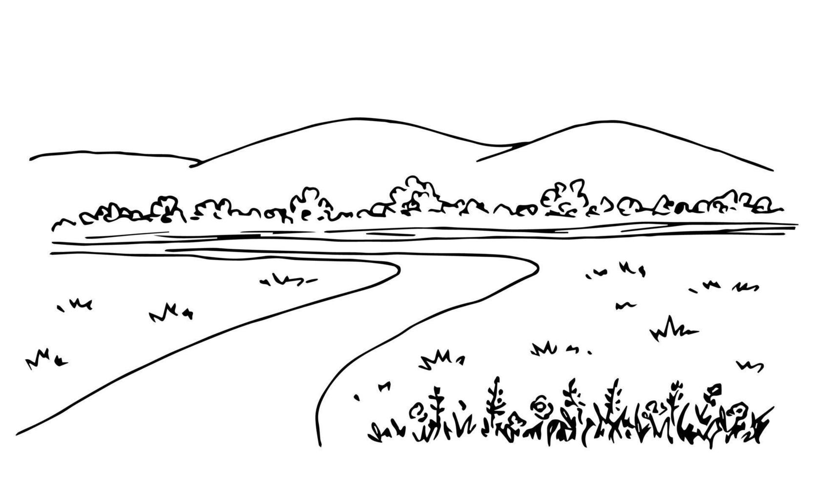 imple dibujo vectorial a mano alzada en contorno negro. silueta de montaña en el horizonte, camino, árboles, colinas, hierba. flores naturaleza, paisaje rural, paseo por el parque. para impresión, turismo, viajes. vector