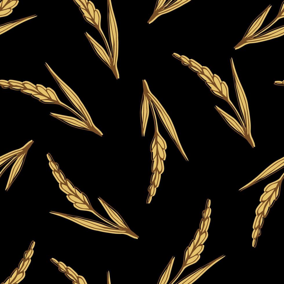 Simple hand drawn vector seamless pattern. Golden spikelets of wheat on a black background. Cereals, bread, pastries, flour. For printing on packaging, labels, textile products. Farm harvest.