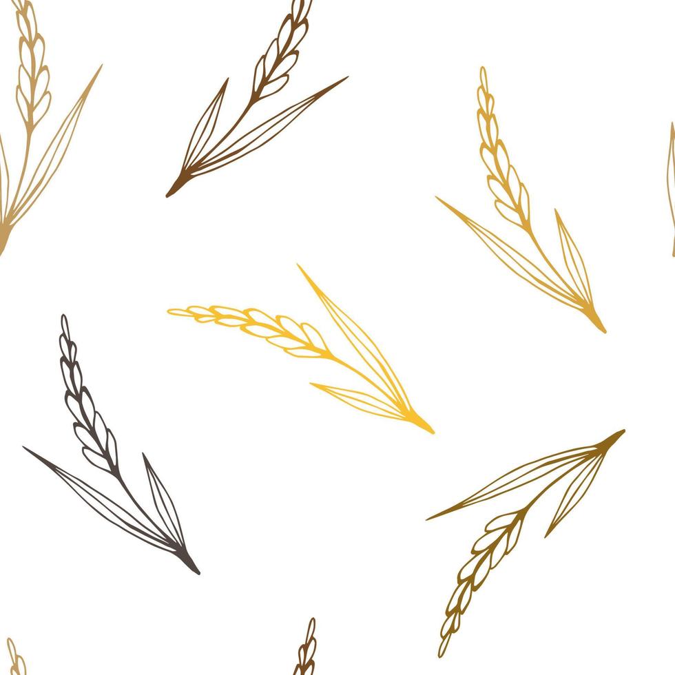 Simple vector seamless pattern. Golden spikelet of wheat, brown outline of crops, growing organic plants, seasonal harvest. Food, bread, flour. For printing textile products, labels, packaging.