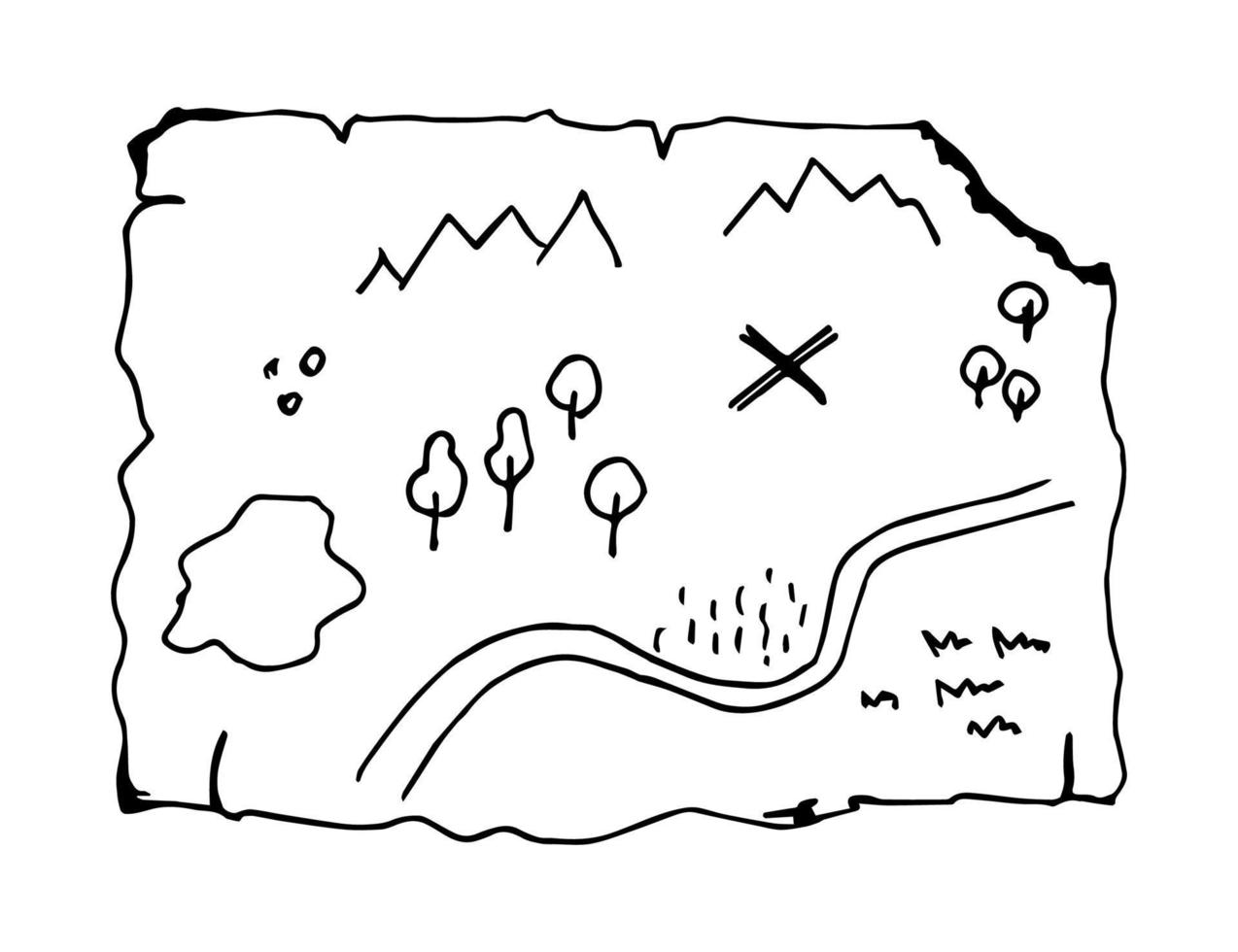 Hand-drawn vector sketch with black outline. Old map, terrain plan, adventure, treasure hunt. Orienteering in nature. Sport, travel, leisure.