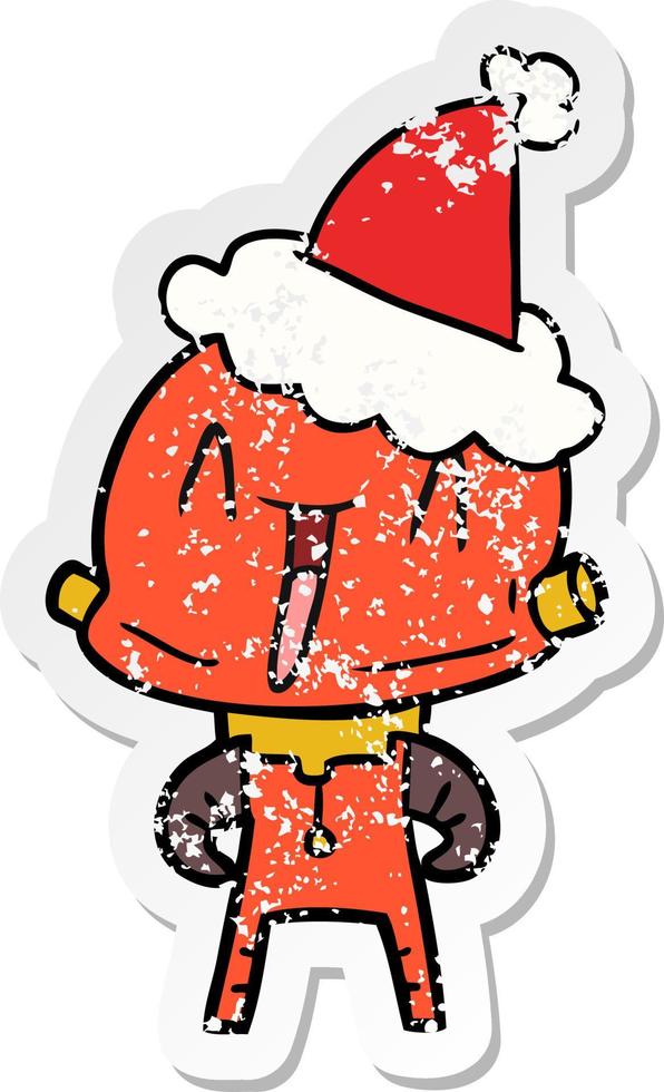pegatina angustiada caricatura de un robot con gorro de Papá Noel vector