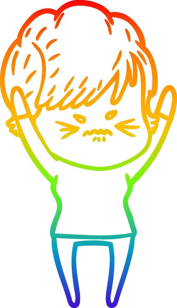 rainbow gradient line drawing cartoon frustrated woman vector