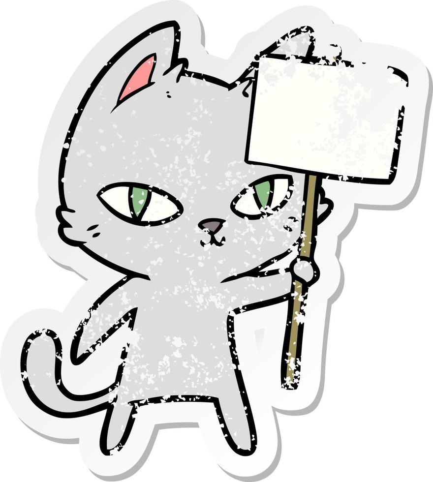 distressed sticker of a cartoon cat waving sign vector