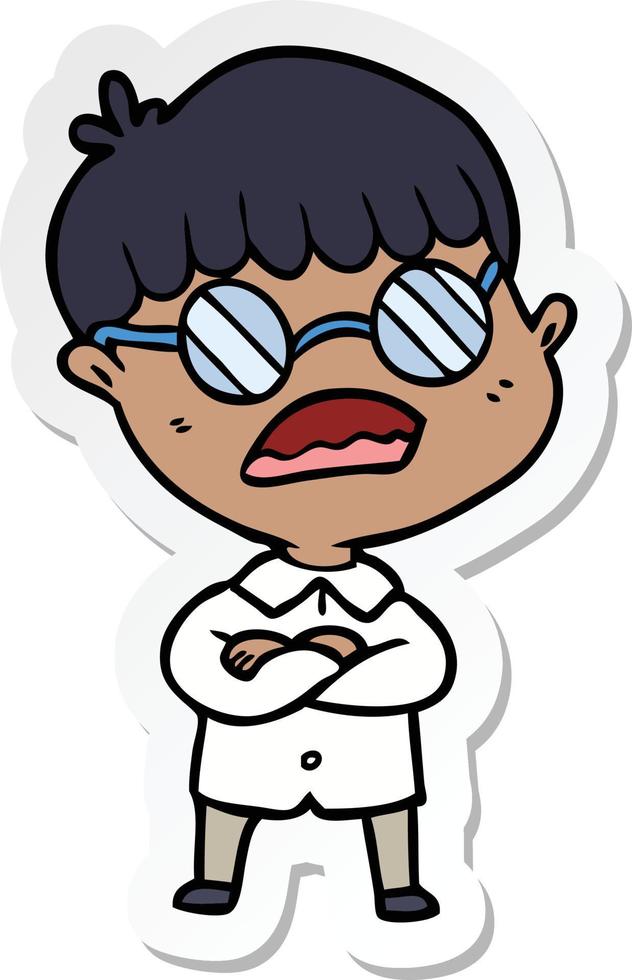 sticker of a cartoon boy with crossed arms wearing spectacles vector