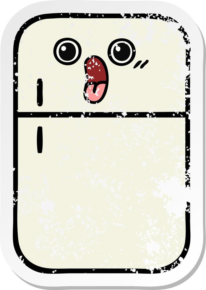 distressed sticker of a cute cartoon fridge freezer vector