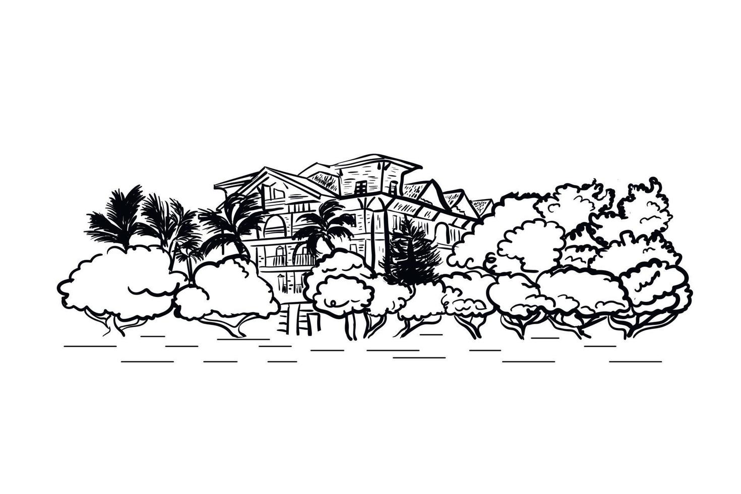 sketch of hotel building among palms and trees graphic black hand drawn vector