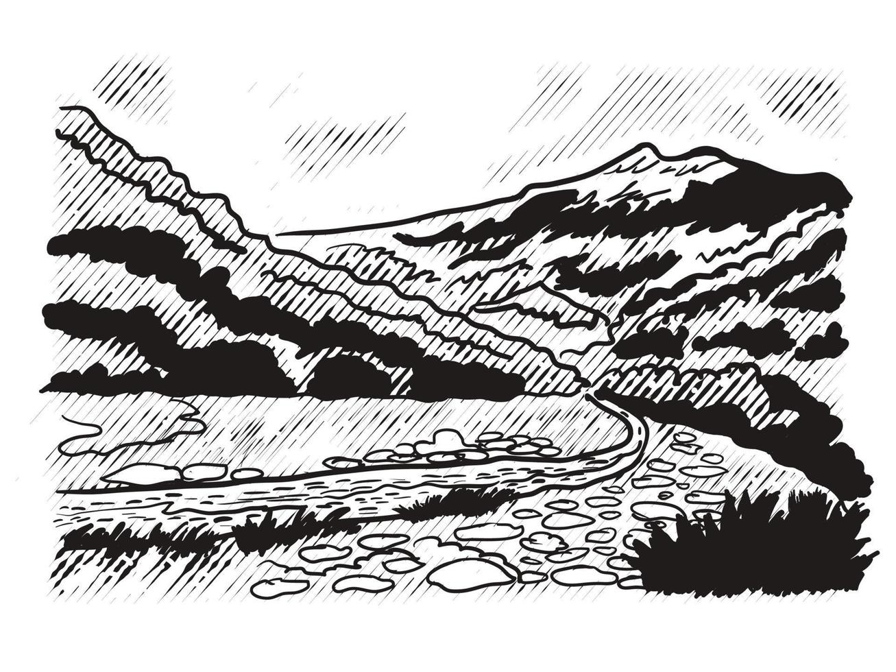 mountain landscape line art vector hand drawn illustration