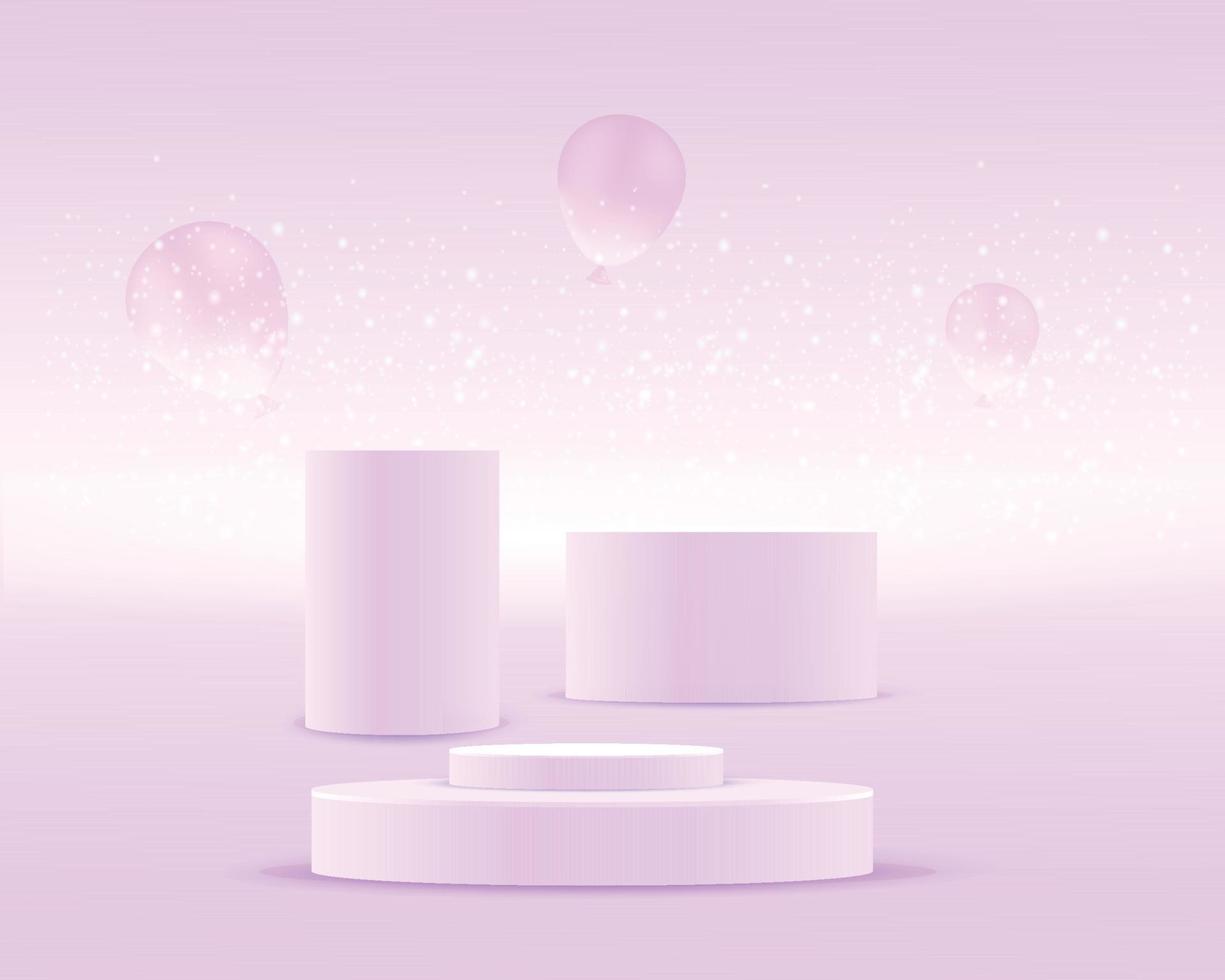 Cylinders podiums, realistic scenes, against a purple background with balloons, and glowing particles effect, 3D rendering vector