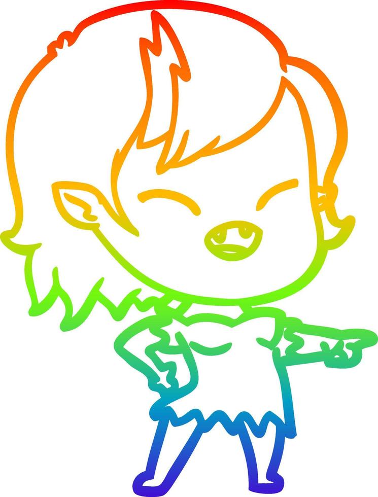 rainbow gradient line drawing cartoon vampire girl pointing and laughing vector