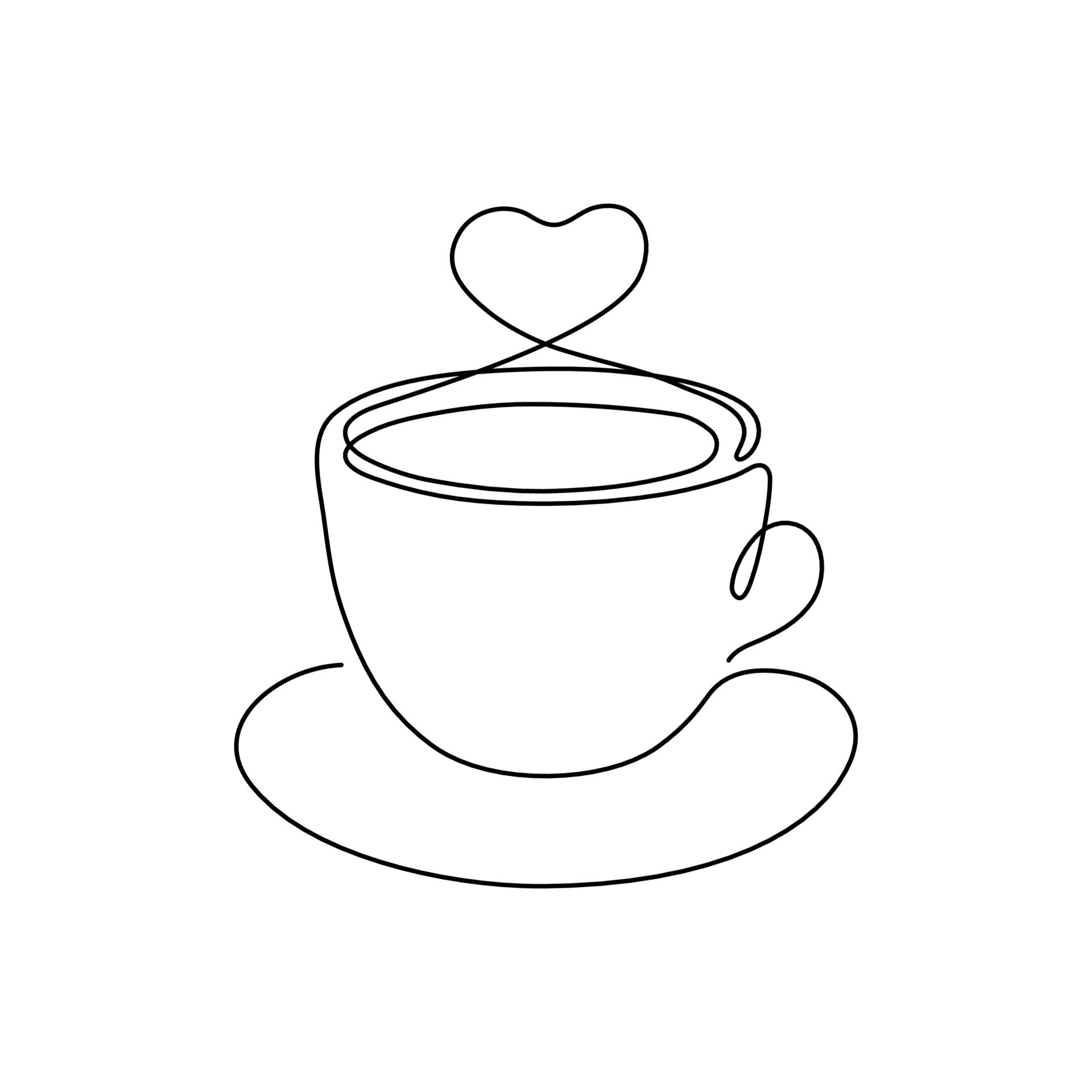 Cup of coffee with heart love, one single continuous line drawing