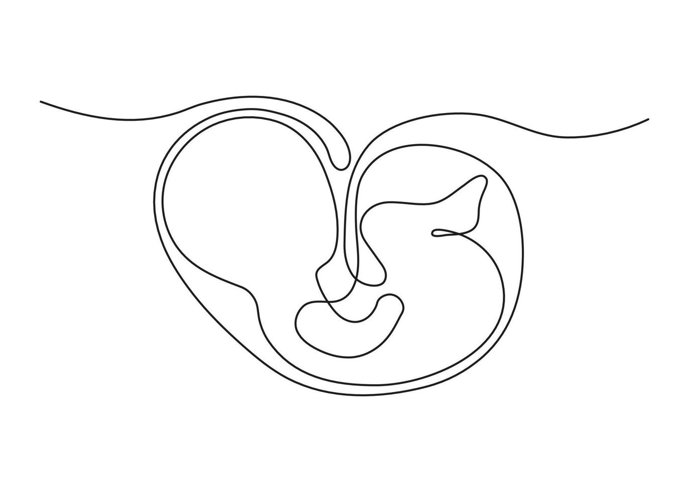 Baby embryo in womb, fetus one art line continuous drawing. Silhouette cute unborn fetus child on mother womb in minimalism single outline draw. Little kid is lies on stomach. Vector illustration