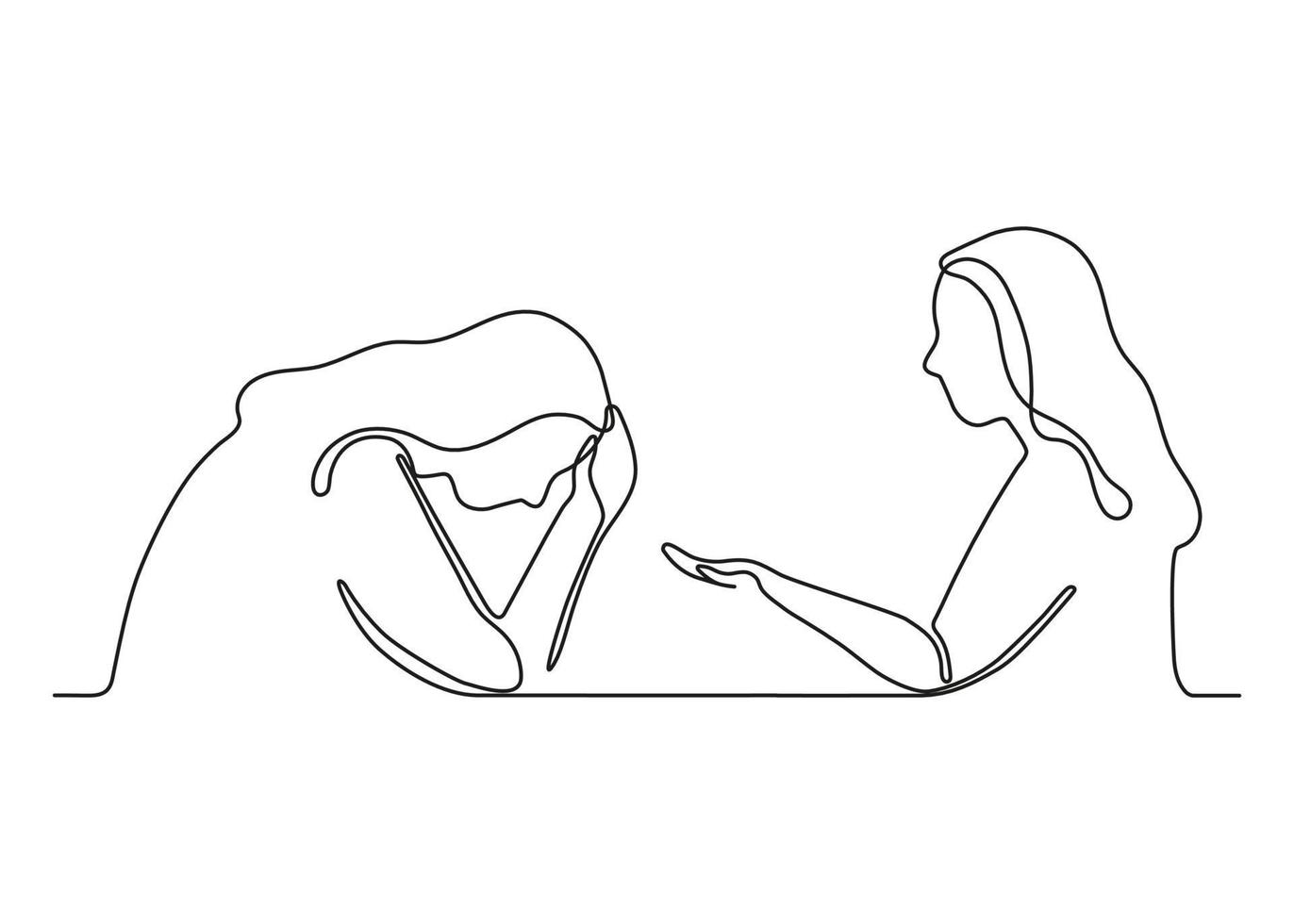 Talk, support woman, help conversation in psychological problem, continuous one line drawing. Girl comforts sad friend. Crisis therapy, counselling for people under stress, depression. Vector outline