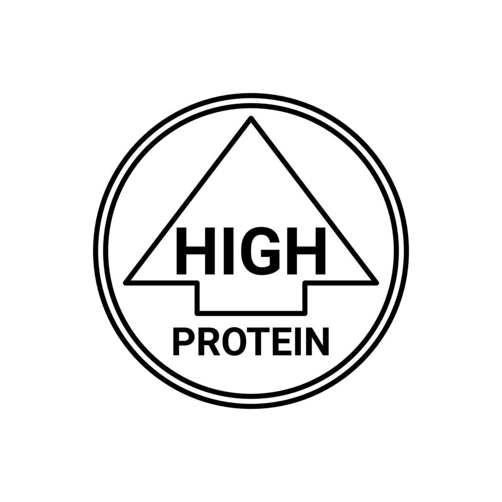 High protein sign, label, sticker in circle with arrow. Food and diet icon to denote high protein content. Arrow up symbol for products. Vector