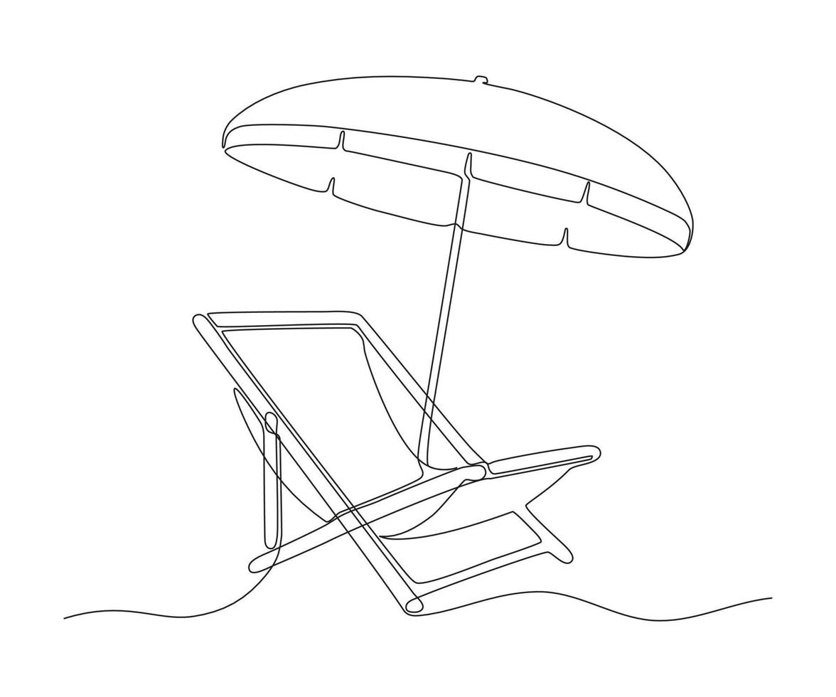 Beach umbrella and chair for summer holiday, continuous one line drawing. Beach chaise longue and sunshade. Summertime relax on deck chair on coast of sea. Relaxation equipment. Vector outline