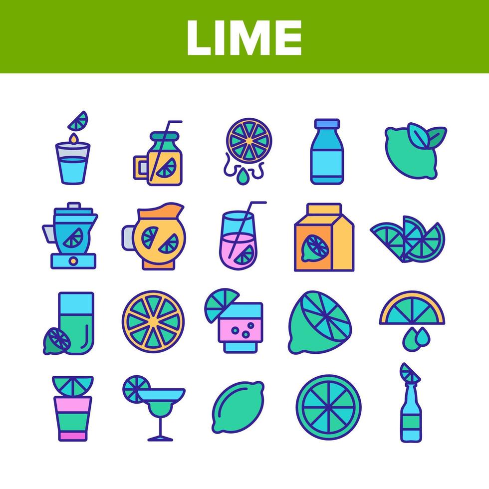 conjunto de iconos de elementos de colección de fruta de lima vector