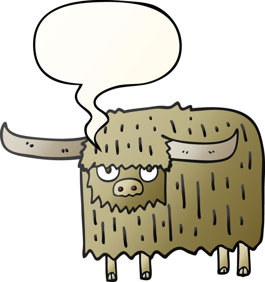 cartoon hairy cow and speech bubble in smooth gradient style vector