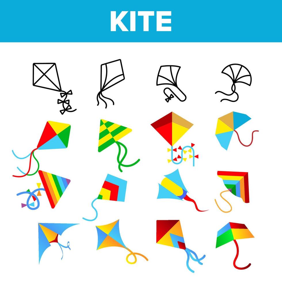 Colorful And Fun Kites Vector Linear Icons Set