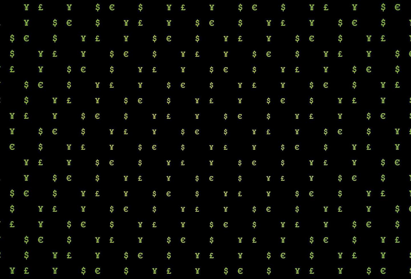 cubierta de vector verde oscuro, amarillo con eur, usd, gbp, jpy.