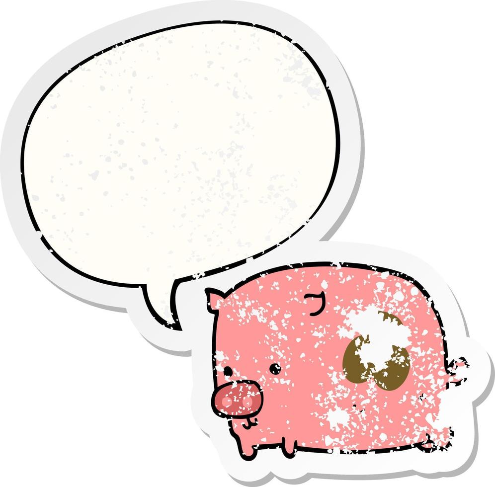 cartoon pig and speech bubble distressed sticker vector