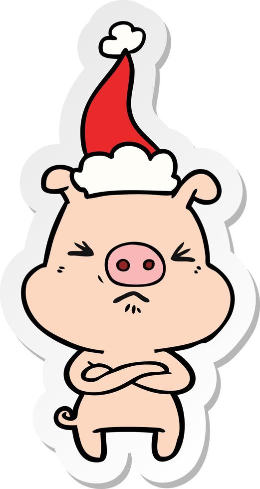 pegatina, caricatura, de, un, enojado, cerdo, llevando, santa sombrero vector