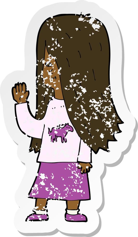 retro distressed sticker of a cartoon girl with pony shirt waving vector