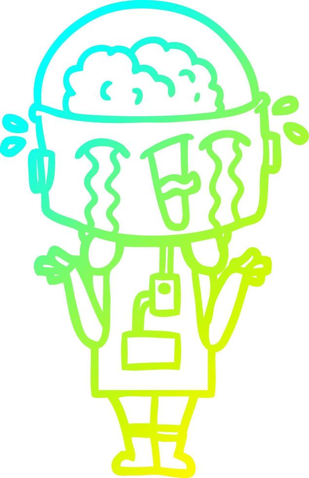 cold gradient line drawing cartoon crying robot shrugging shoulders in confusion vector