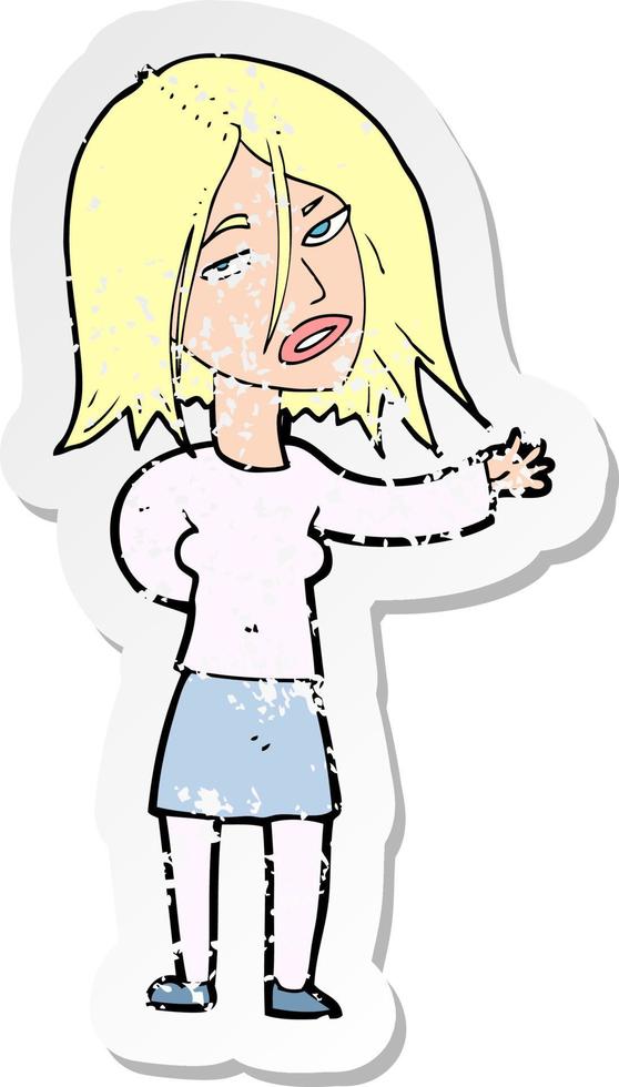 retro distressed sticker of a cartoon unhappy woman vector