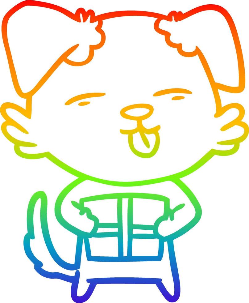 rainbow gradient line drawing cartoon dog with christmas present vector
