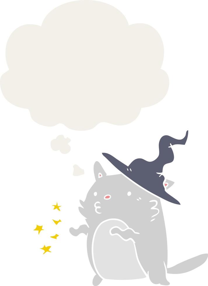 cartoon cat wizard and thought bubble in retro style vector