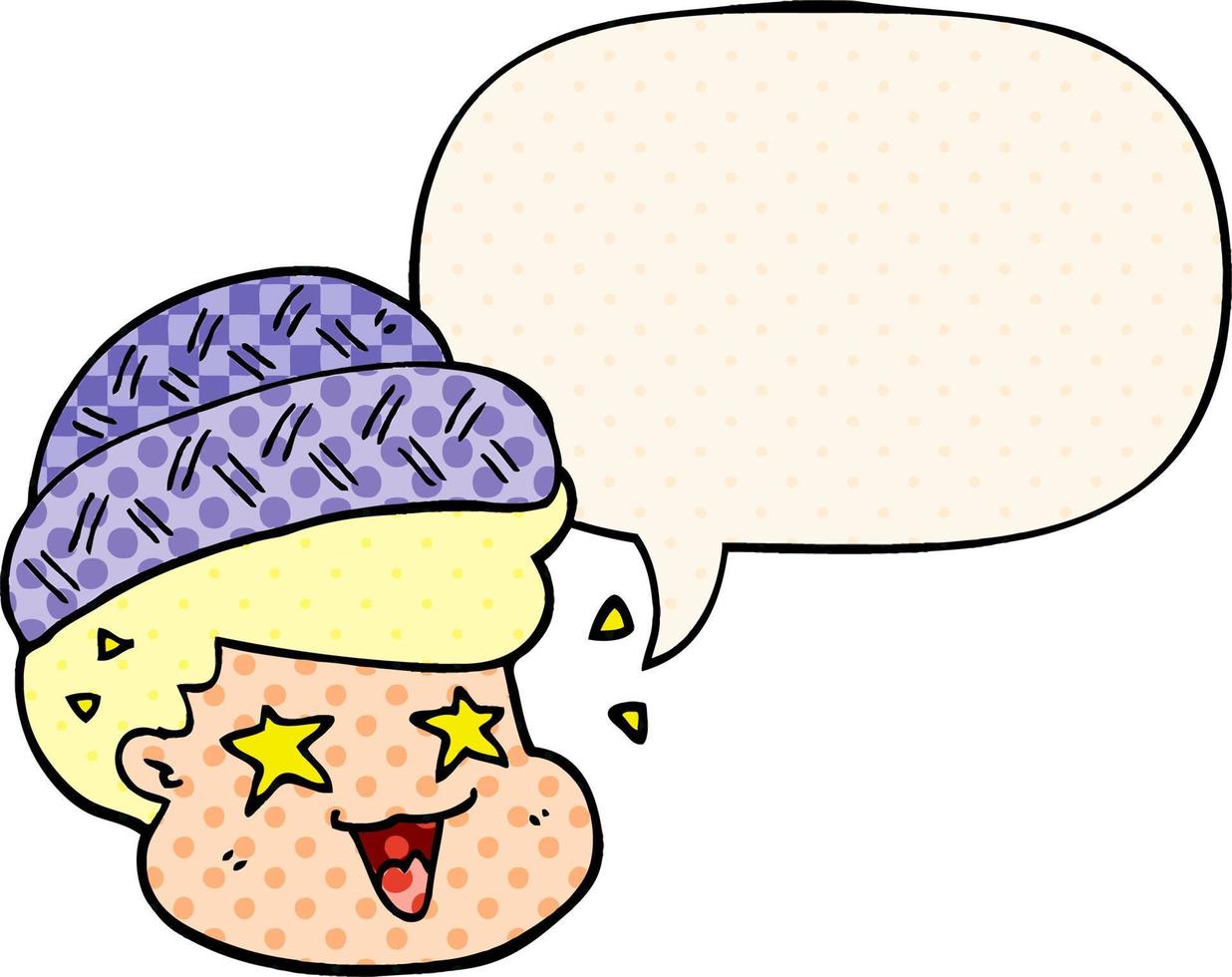 cartoon boy wearing hat and speech bubble in comic book style vector