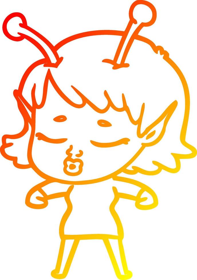 warm gradient line drawing cute alien girl cartoon vector