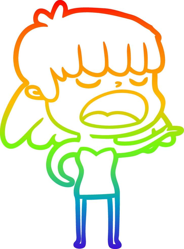 rainbow gradient line drawing cartoon woman talking loudly vector