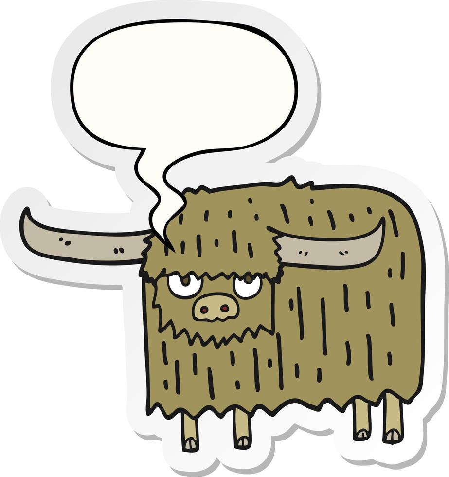 cartoon hairy cow and speech bubble sticker vector