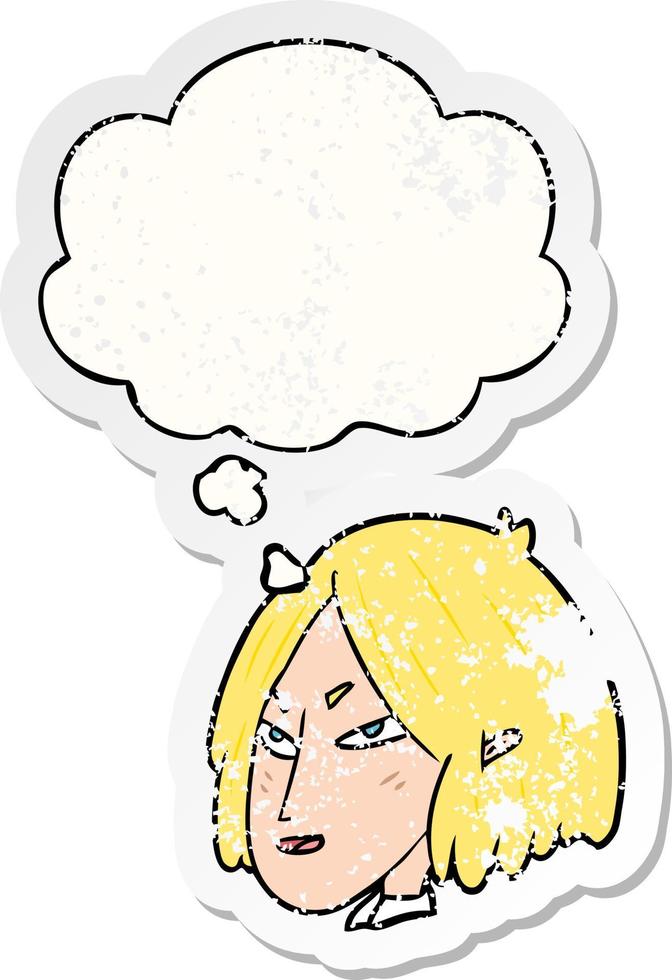 cartoon woman and thought bubble as a distressed worn sticker vector