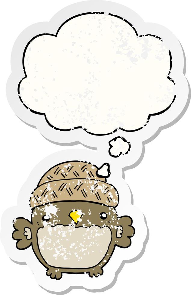 cute cartoon owl in hat and thought bubble as a distressed worn sticker vector