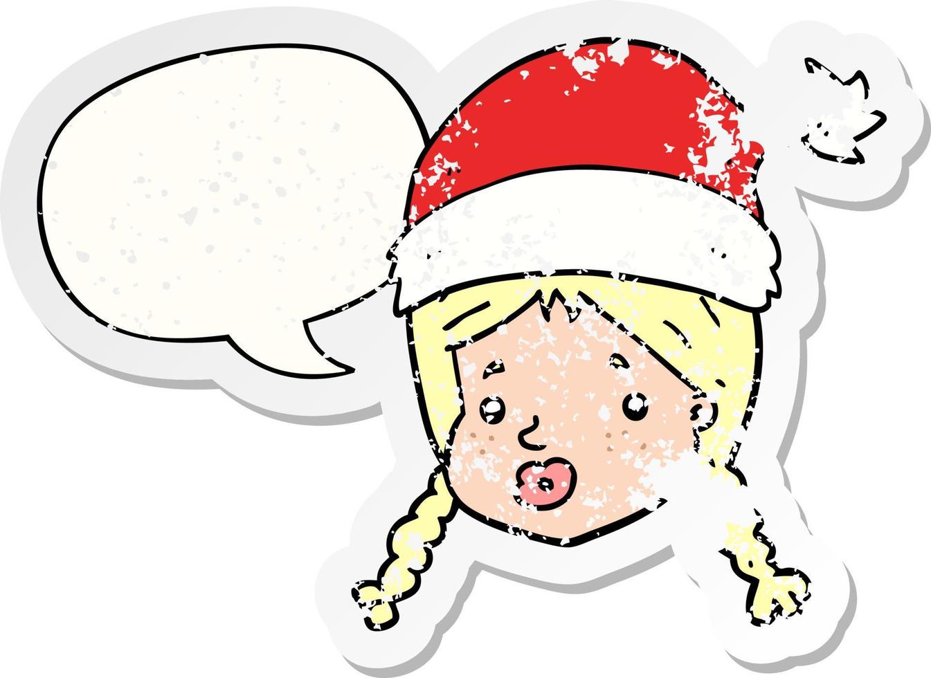 cartoon girl wearing christmas hat and speech bubble distressed sticker vector