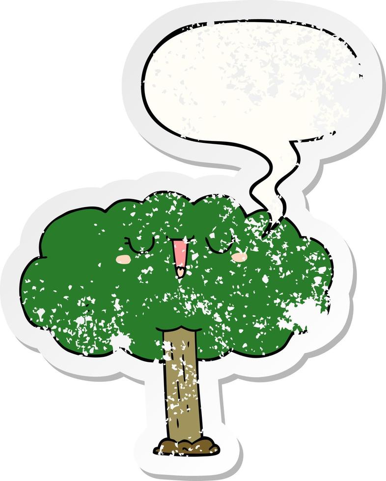 cartoon tree and speech bubble distressed sticker vector