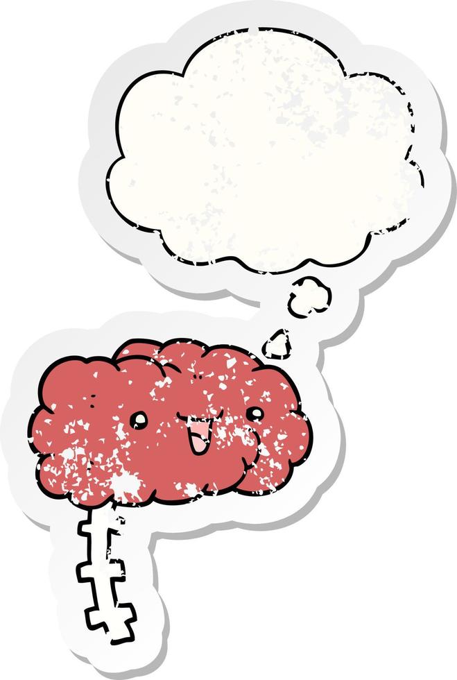 happy cartoon brain and thought bubble as a distressed worn sticker vector