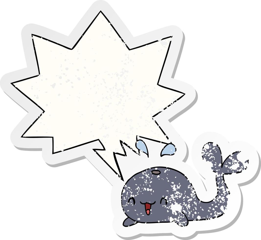 cartoon happy whale and speech bubble distressed sticker vector