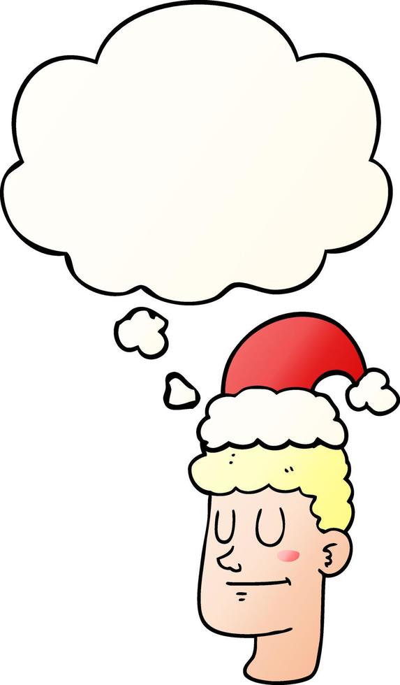 cartoon man wearing christmas hat and thought bubble in smooth gradient style vector