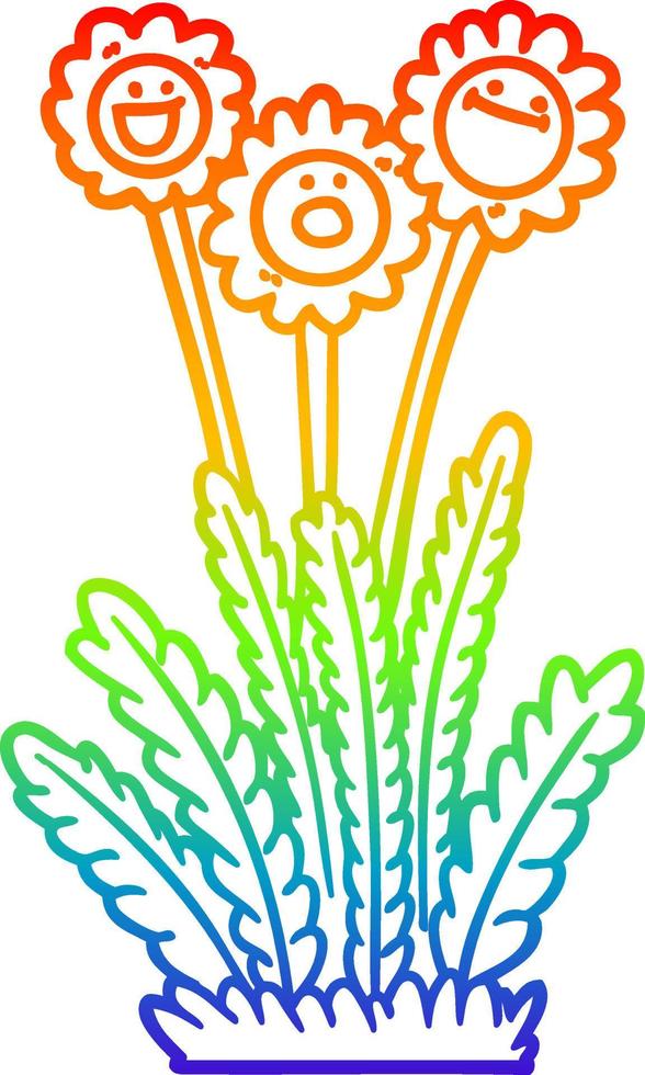 rainbow gradient line drawing cartoon happy flowers vector