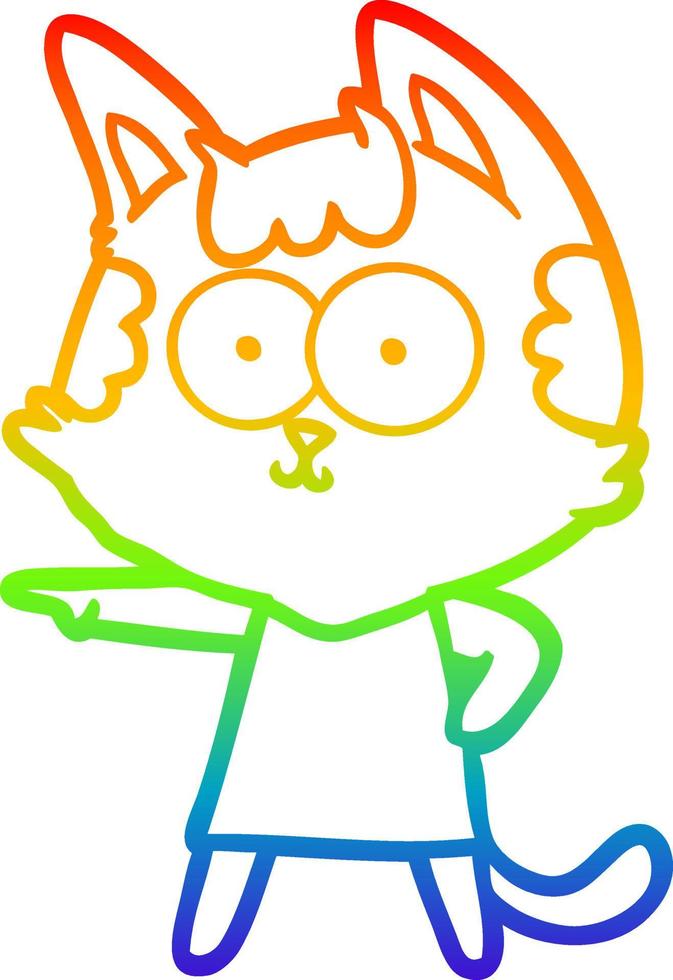 rainbow gradient line drawing happy cartoon cat in dress pointing vector
