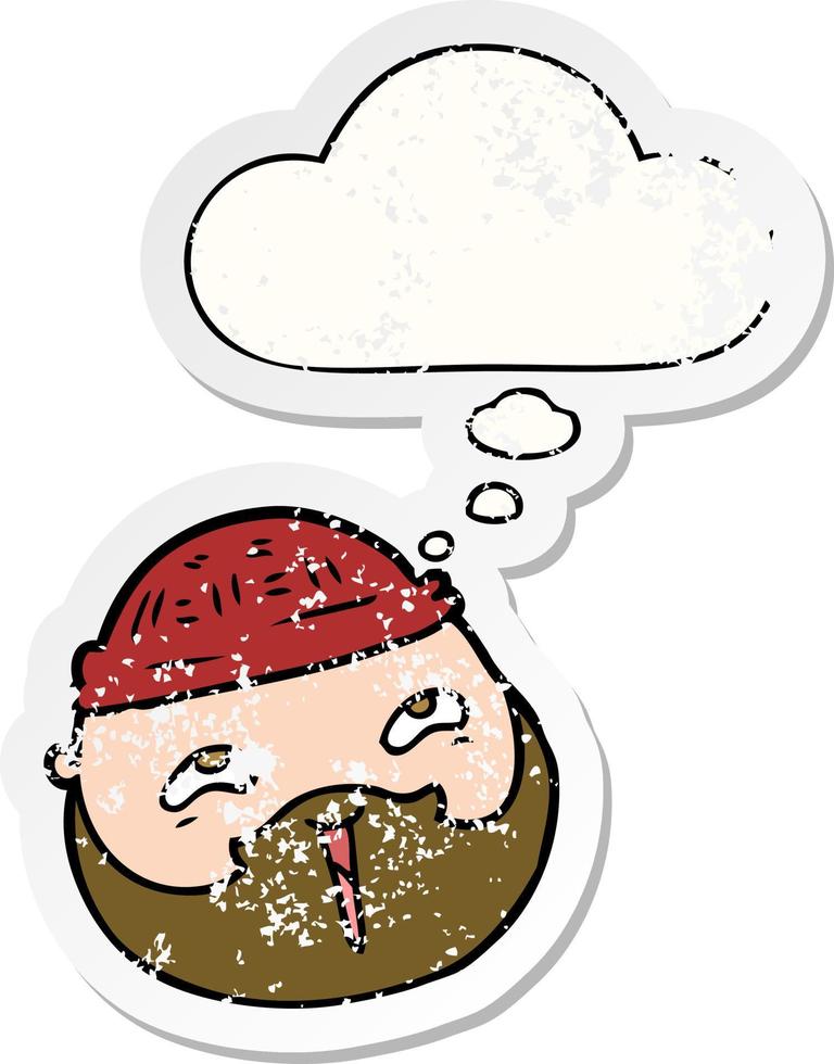 cartoon male face with beard and thought bubble as a distressed worn sticker vector