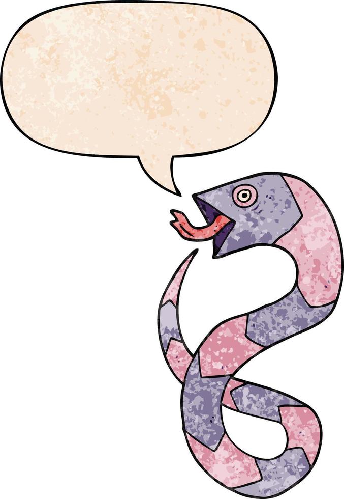 hissing cartoon snake and speech bubble in retro texture style vector