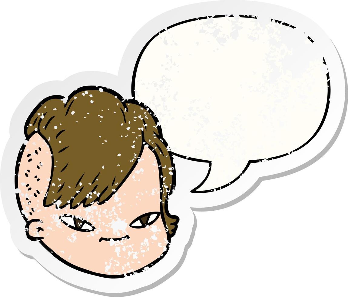 cartoon female face and speech bubble distressed sticker vector