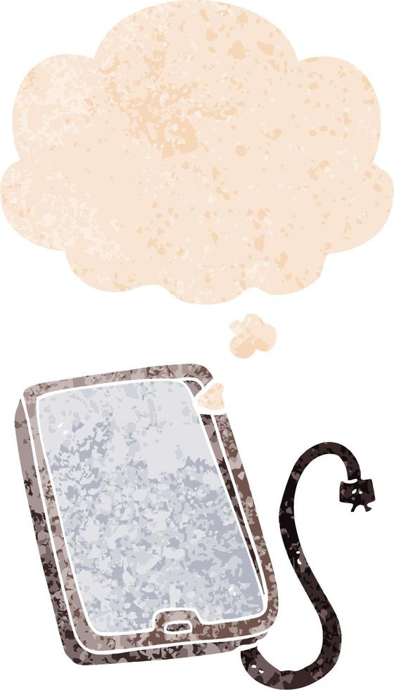 cartoon computer tablet and thought bubble in retro textured style vector
