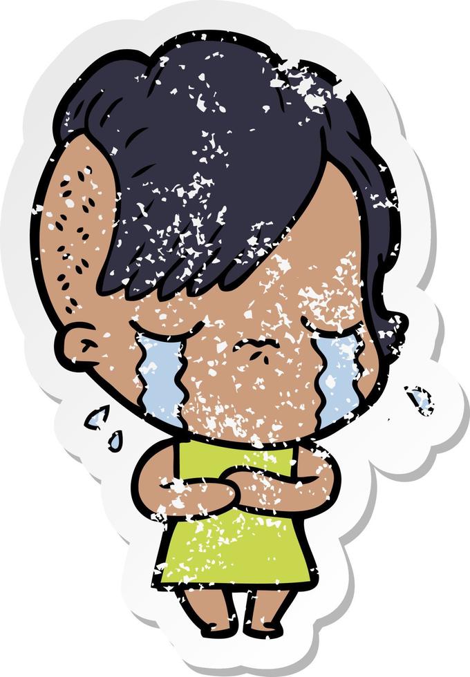 distressed sticker of a cartoon crying girl vector