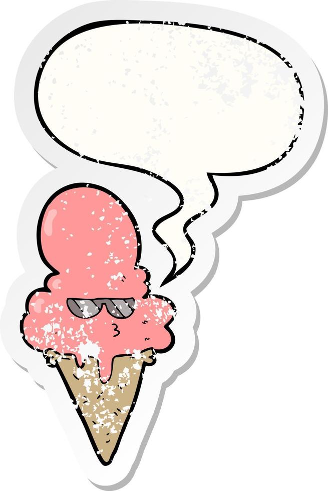 helado fresco de dibujos animados y etiqueta engomada angustiada de la burbuja del discurso vector